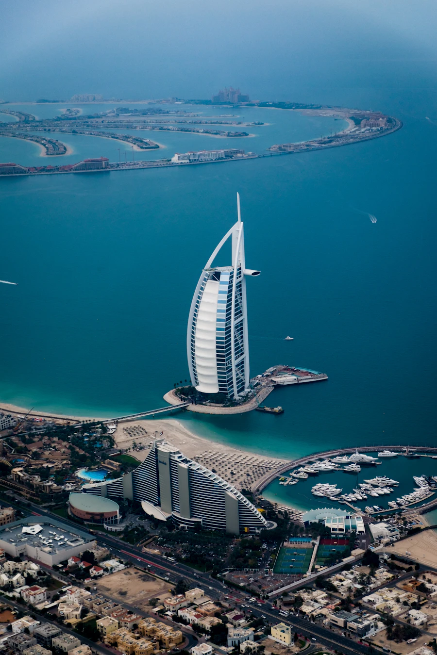Aerial view of Burj Al Arab and the Palm Jumeirah