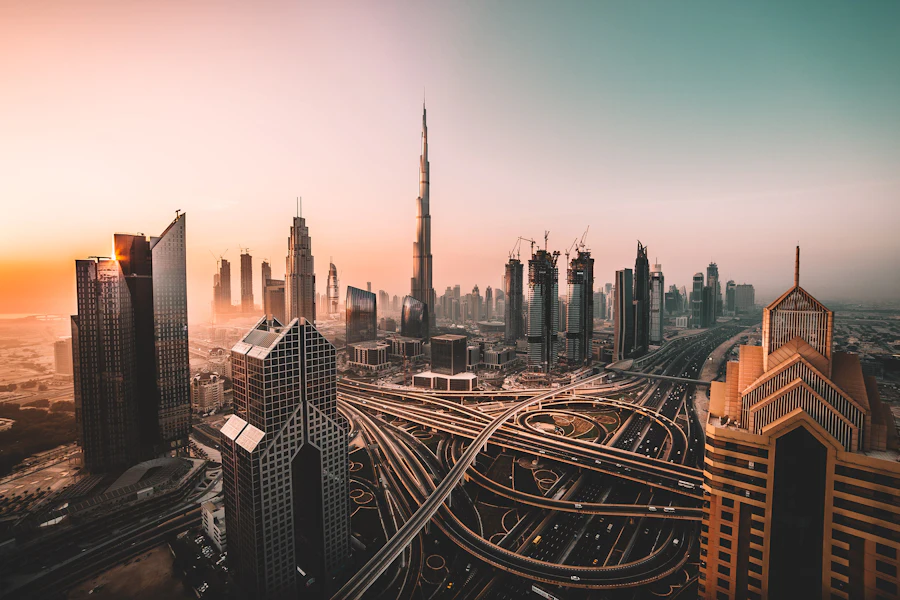 Downtown Dubai skyline with Burj Khalifa at sunset